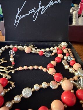 Kenneth Jay Lane Multi-Strand Coral, Peach and Pearl Necklace vintage